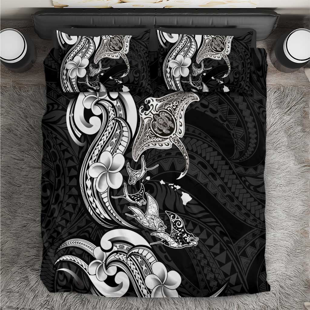 Hawaiian Manta Rays Bedding Set Tribal Hibiscus Polynesian Tattoos Black Color - Polynesian Pride