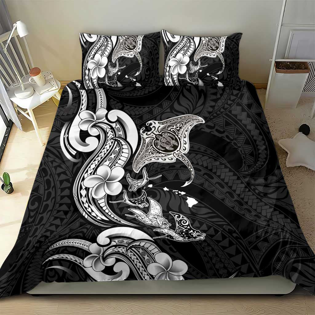Hawaiian Manta Rays Bedding Set Tribal Hibiscus Polynesian Tattoos Black Color - Polynesian Pride