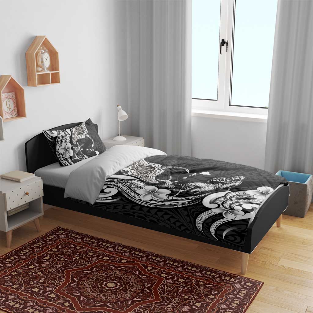 Hawaiian Manta Rays Bedding Set Tribal Hibiscus Polynesian Tattoos Black Color - Polynesian Pride