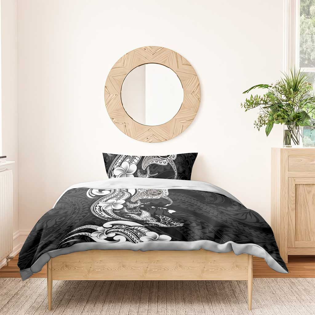 Hawaiian Manta Rays Bedding Set Tribal Hibiscus Polynesian Tattoos Black Color - Polynesian Pride