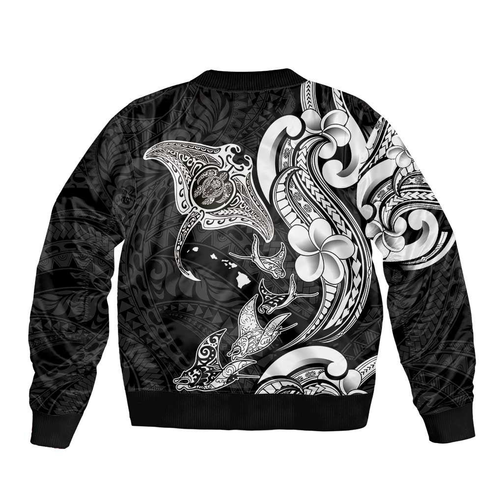 Hawaiian Manta Rays Bomber Jacket Tribal Hibiscus Polynesian Tattoos Black Color - Polynesian Pride