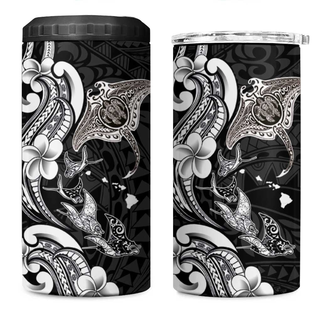 Hawaiian Manta Rays 4 in 1 Can Cooler Tumbler Tribal Hibiscus Polynesian Tattoos Black Color - Polynesian Pride