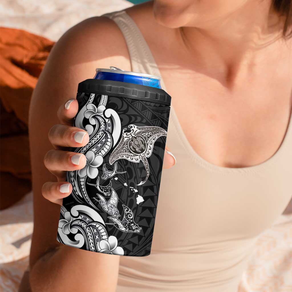 Hawaiian Manta Rays 4 in 1 Can Cooler Tumbler Tribal Hibiscus Polynesian Tattoos Black Color - Polynesian Pride