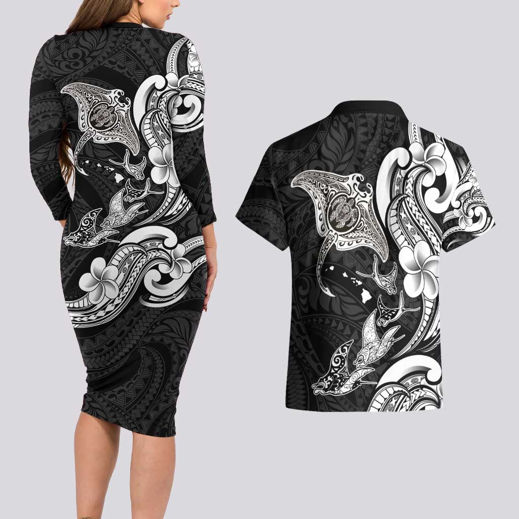 Hawaiian Manta Rays Couples Matching Long Sleeve Bodycon Dress and Hawaiian Shirt Tribal Hibiscus Polynesian Tattoos Black Color - Polynesian Pride