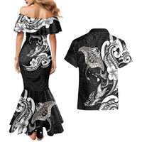 Hawaiian Manta Rays Couples Matching Mermaid Dress and Hawaiian Shirt Tribal Hibiscus Polynesian Tattoos Black Color - Polynesian Pride