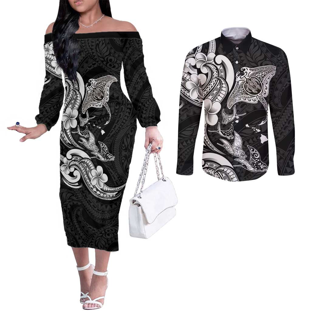 Hawaiian Manta Rays Couples Matching Off The Shoulder Long Sleeve Dress and Long Sleeve Button Shirt Tribal Hibiscus Polynesian Tattoos Black Color - Polynesian Pride