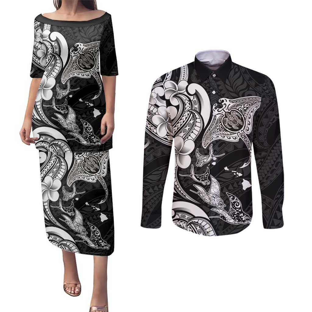 Hawaiian Manta Rays Couples Matching Puletasi and Long Sleeve Button Shirt Tribal Hibiscus Polynesian Tattoos Black Color - Polynesian Pride