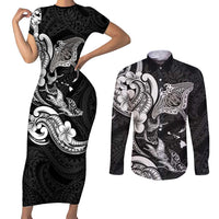Hawaiian Manta Rays Couples Matching Short Sleeve Bodycon Dress and Long Sleeve Button Shirt Tribal Hibiscus Polynesian Tattoos Black Color - Polynesian Pride