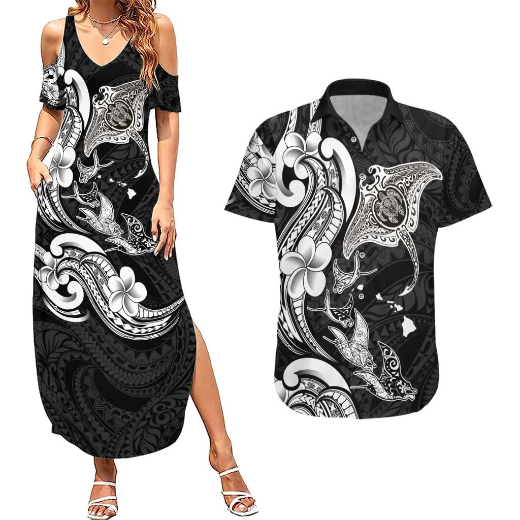 Hawaiian Manta Rays Couples Matching Summer Maxi Dress and Hawaiian Shirt Tribal Hibiscus Polynesian Tattoos Black Color - Polynesian Pride
