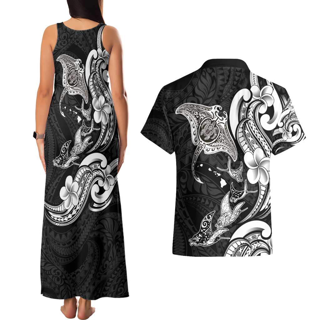 Hawaiian Manta Rays Couples Matching Tank Maxi Dress and Hawaiian Shirt Tribal Hibiscus Polynesian Tattoos Black Color - Polynesian Pride