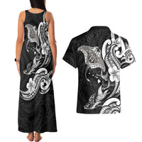 Hawaiian Manta Rays Couples Matching Tank Maxi Dress and Hawaiian Shirt Tribal Hibiscus Polynesian Tattoos Black Color - Polynesian Pride