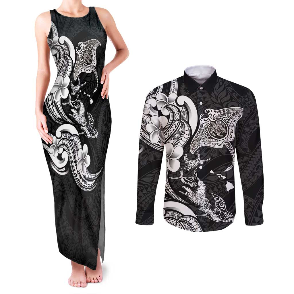 Hawaiian Manta Rays Couples Matching Tank Maxi Dress and Long Sleeve Button Shirt Tribal Hibiscus Polynesian Tattoos Black Color - Polynesian Pride