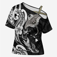 Hawaiian Manta Rays Cross Shoulder Shirt Tribal Hibiscus Polynesian Tattoos Black Color - Polynesian Pride