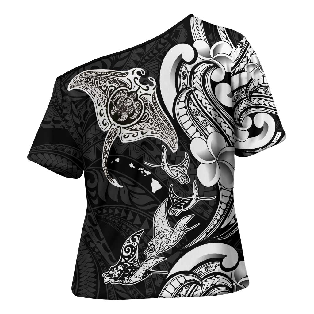 Hawaiian Manta Rays Cross Shoulder Shirt Tribal Hibiscus Polynesian Tattoos Black Color - Polynesian Pride