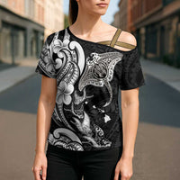 Hawaiian Manta Rays Cross Shoulder Shirt Tribal Hibiscus Polynesian Tattoos Black Color - Polynesian Pride