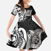 Hawaiian Manta Rays Family Matching Long Sleeve Bodycon Dress and Hawaiian Shirt Tribal Hibiscus Polynesian Tattoos Black Color - Polynesian Pride