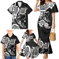 Hawaiian Manta Rays Family Matching Mermaid Dress and Hawaiian Shirt Tribal Hibiscus Polynesian Tattoos Black Color - Polynesian Pride