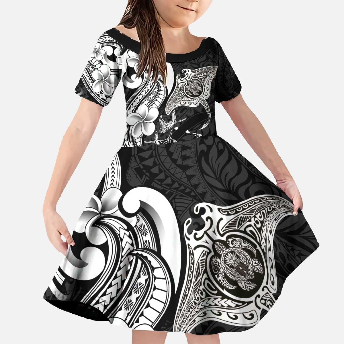 Hawaiian Manta Rays Family Matching Off The Shoulder Long Sleeve Dress and Hawaiian Shirt Tribal Hibiscus Polynesian Tattoos Black Color - Polynesian Pride