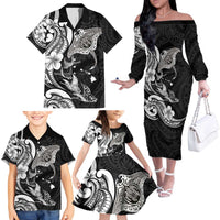 Hawaiian Manta Rays Family Matching Off The Shoulder Long Sleeve Dress and Hawaiian Shirt Tribal Hibiscus Polynesian Tattoos Black Color - Polynesian Pride