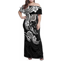 Hawaiian Manta Rays Family Matching Off Shoulder Maxi Dress and Hawaiian Shirt Tribal Hibiscus Polynesian Tattoos Black Color - Polynesian Pride