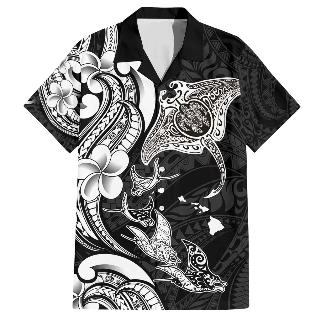 Hawaiian Manta Rays Family Matching Off Shoulder Short Dress and Hawaiian Shirt Tribal Hibiscus Polynesian Tattoos Black Color - Polynesian Pride