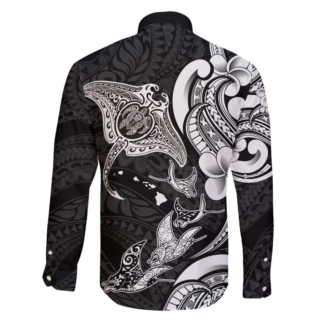 Hawaiian Manta Rays Family Matching Off Shoulder Short Dress and Hawaiian Shirt Tribal Hibiscus Polynesian Tattoos Black Color - Polynesian Pride
