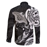 Hawaiian Manta Rays Family Matching Off Shoulder Short Dress and Hawaiian Shirt Tribal Hibiscus Polynesian Tattoos Black Color - Polynesian Pride