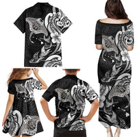 Hawaiian Manta Rays Family Matching Puletasi and Hawaiian Shirt Tribal Hibiscus Polynesian Tattoos Black Color - Polynesian Pride