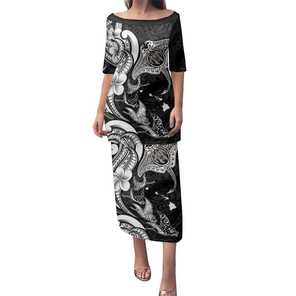 Hawaiian Manta Rays Family Matching Puletasi and Hawaiian Shirt Tribal Hibiscus Polynesian Tattoos Black Color - Polynesian Pride