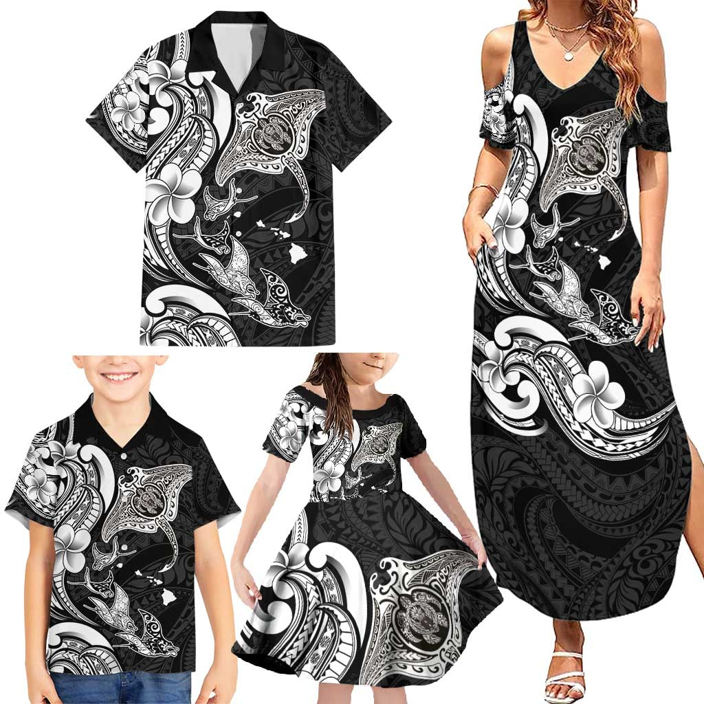 Hawaiian Manta Rays Family Matching Summer Maxi Dress and Hawaiian Shirt Tribal Hibiscus Polynesian Tattoos Black Color - Polynesian Pride