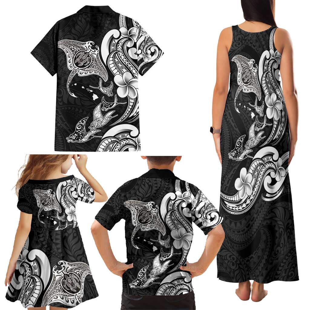 Hawaiian Manta Rays Family Matching Tank Maxi Dress and Hawaiian Shirt Tribal Hibiscus Polynesian Tattoos Black Color - Polynesian Pride