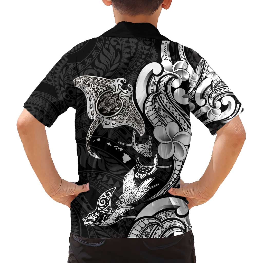 Hawaiian Manta Rays Kid Hawaiian Shirt Tribal Hibiscus Polynesian Tattoos Black Color - Polynesian Pride