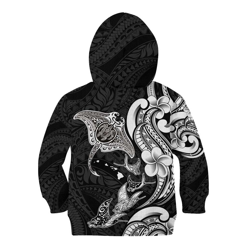 Hawaiian Manta Rays Kid Hoodie Tribal Hibiscus Polynesian Tattoos Black Color - Polynesian Pride