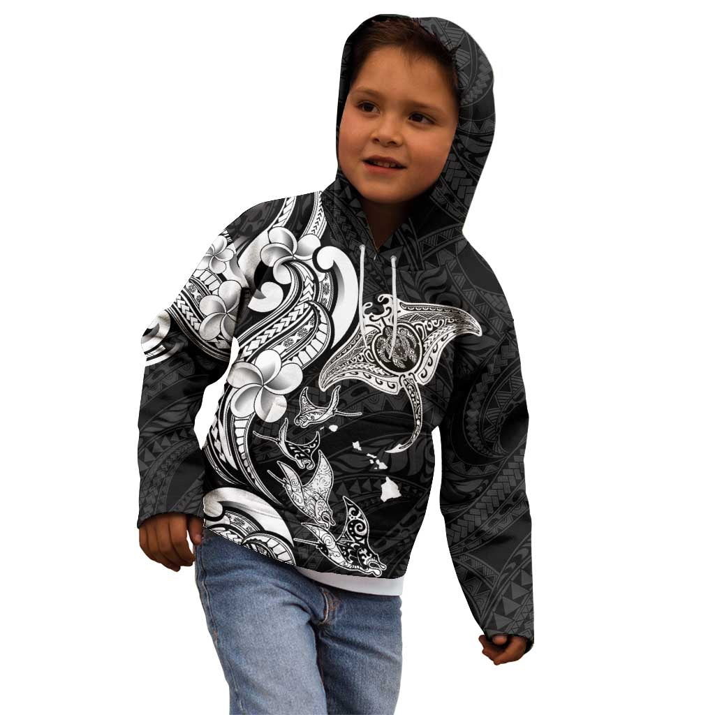 Hawaiian Manta Rays Kid Hoodie Tribal Hibiscus Polynesian Tattoos Black Color - Polynesian Pride