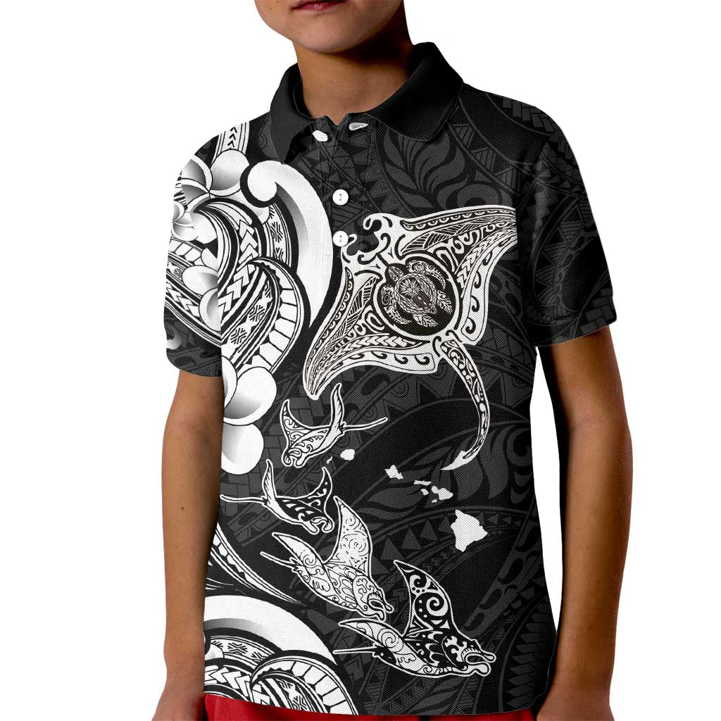 Hawaiian Manta Rays Kid Polo Shirt Tribal Hibiscus Polynesian Tattoos Black Color - Polynesian Pride