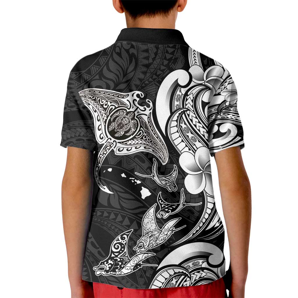 Hawaiian Manta Rays Kid Polo Shirt Tribal Hibiscus Polynesian Tattoos Black Color - Polynesian Pride