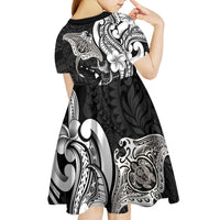 Hawaiian Manta Rays Kid Short Sleeve Dress Tribal Hibiscus Polynesian Tattoos Black Color - Polynesian Pride