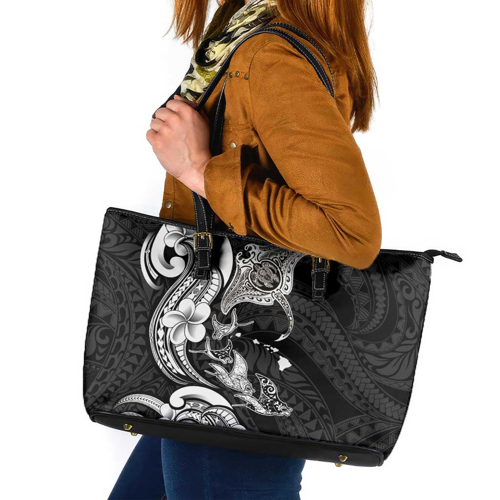 Hawaiian Manta Rays Leather Tote Bag Tribal Hibiscus Polynesian Tattoos Black Color - Polynesian Pride