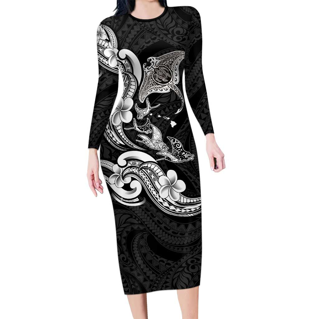 Hawaiian Manta Rays Long Sleeve Bodycon Dress Tribal Hibiscus Polynesian Tattoos Black Color - Polynesian Pride