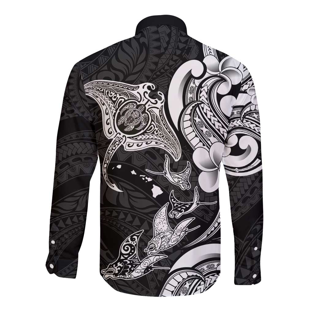 Hawaiian Manta Rays Long Sleeve Button Shirt Tribal Hibiscus Polynesian Tattoos Black Color - Polynesian Pride