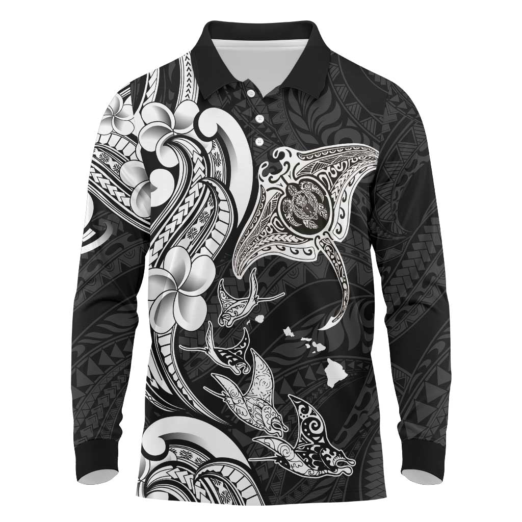 Hawaiian Manta Rays Long Sleeve Polo Shirt Tribal Hibiscus Polynesian Tattoos Black Color - Polynesian Pride