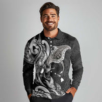 Hawaiian Manta Rays Long Sleeve Polo Shirt Tribal Hibiscus Polynesian Tattoos Black Color - Polynesian Pride