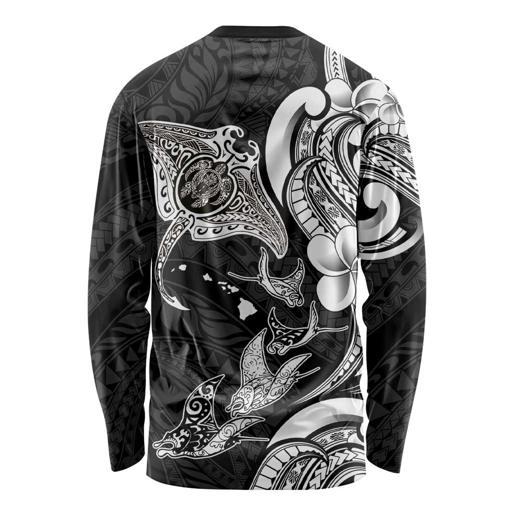 Hawaiian Manta Rays Long Sleeve Shirt Tribal Hibiscus Polynesian Tattoos Black Color - Polynesian Pride