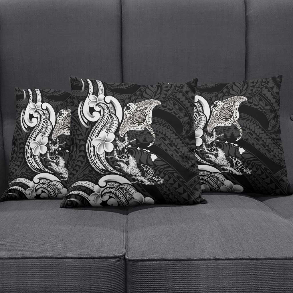 Hawaiian Manta Rays Pillow Cover Tribal Hibiscus Polynesian Tattoos Black Color - Polynesian Pride