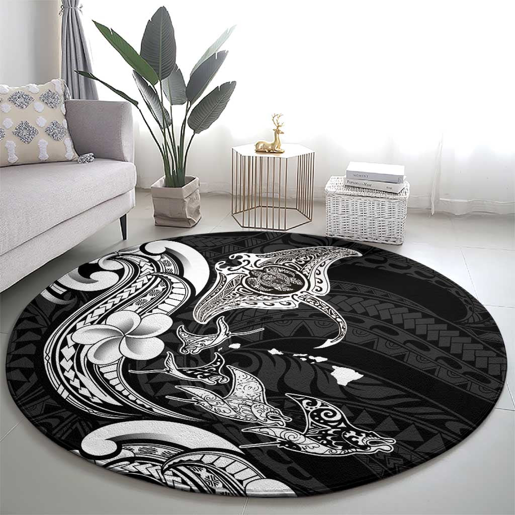 Hawaiian Manta Rays Round Carpet Tribal Hibiscus Polynesian Tattoos Black Color - Polynesian Pride