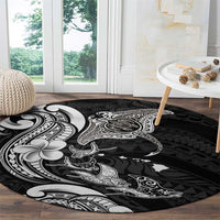 Hawaiian Manta Rays Round Carpet Tribal Hibiscus Polynesian Tattoos Black Color - Polynesian Pride