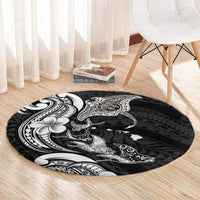 Hawaiian Manta Rays Round Carpet Tribal Hibiscus Polynesian Tattoos Black Color - Polynesian Pride