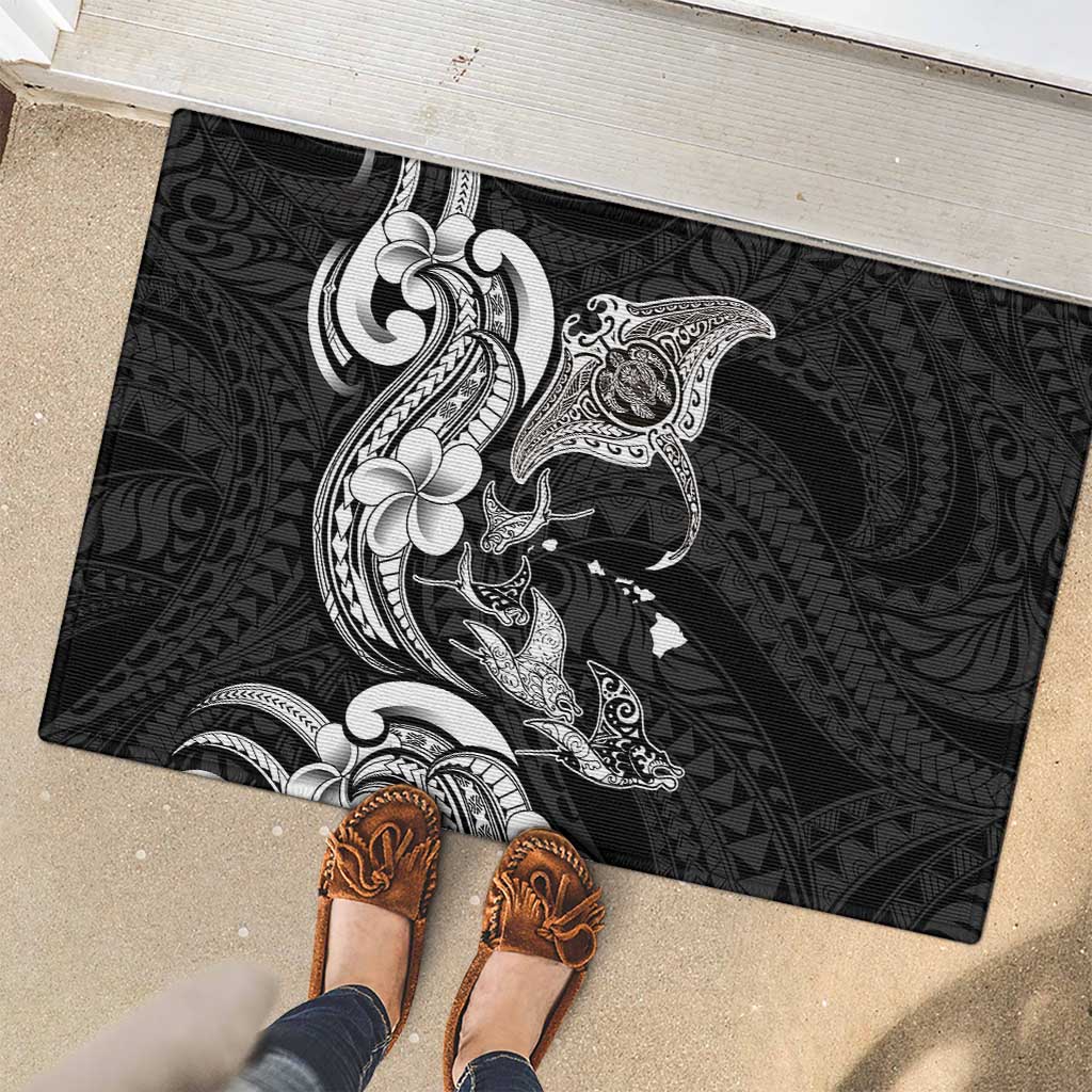 Hawaiian Manta Rays Rubber Doormat Tribal Hibiscus Polynesian Tattoos Black Color - Polynesian Pride
