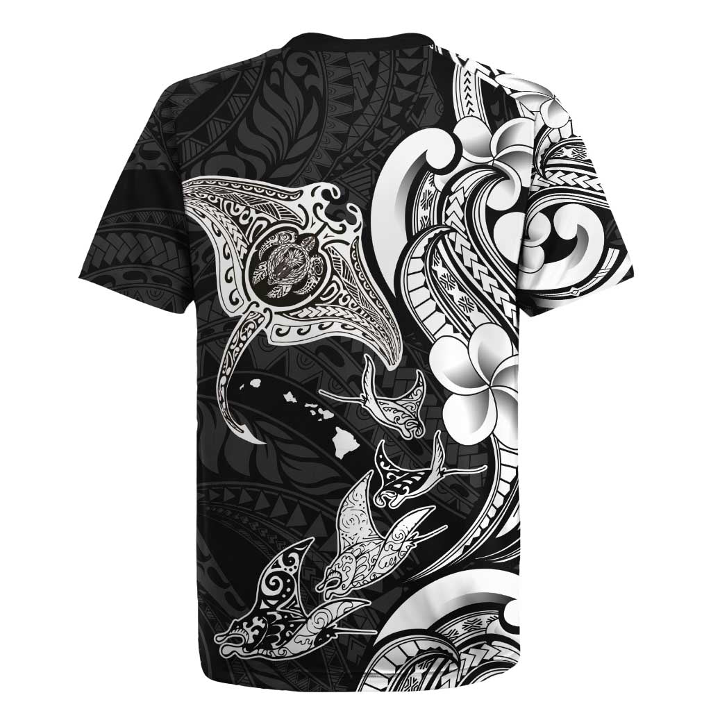 Hawaiian Manta Rays Rugby Jersey Tribal Hibiscus Polynesian Tattoos Black Color - Polynesian Pride