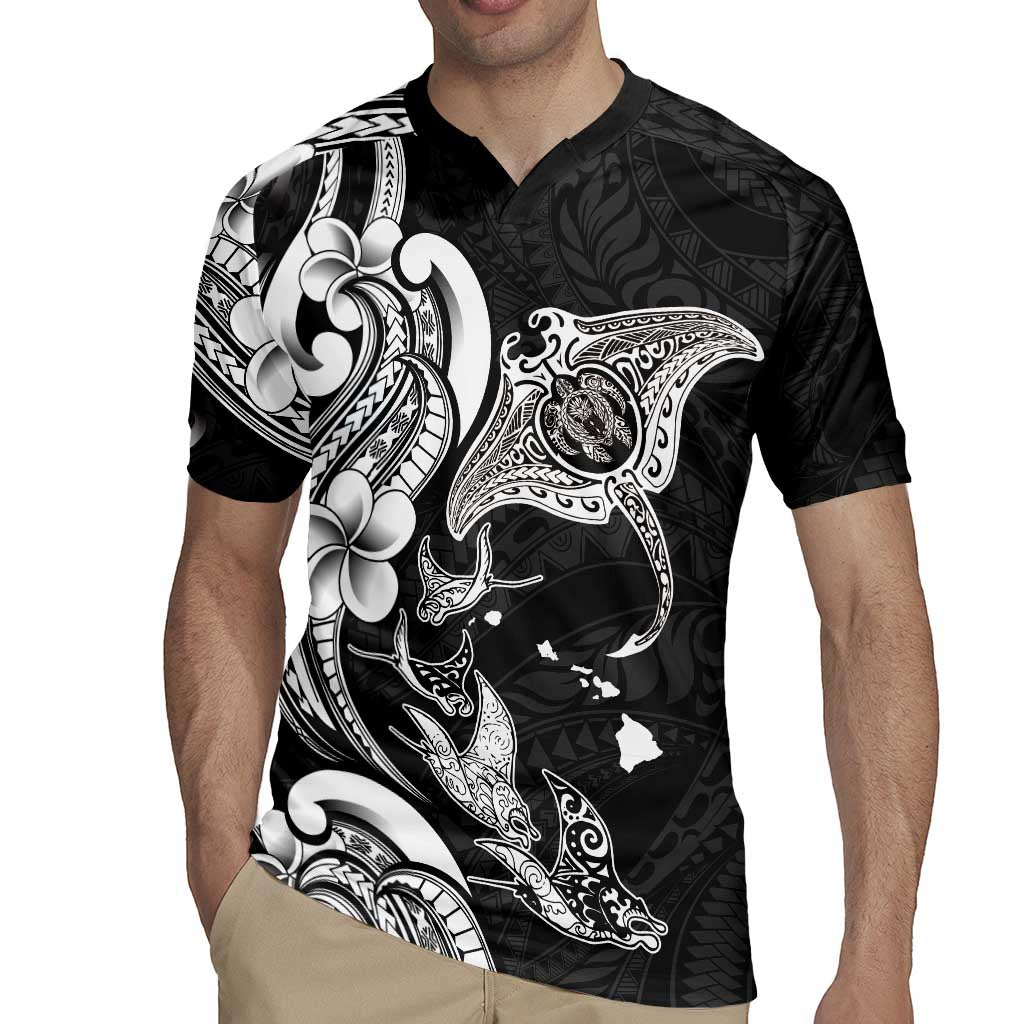 Hawaiian Manta Rays Rugby Jersey Tribal Hibiscus Polynesian Tattoos Black Color - Polynesian Pride